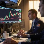 XRP trader analyzing crashing crypto charts with red price line and chaotic desk