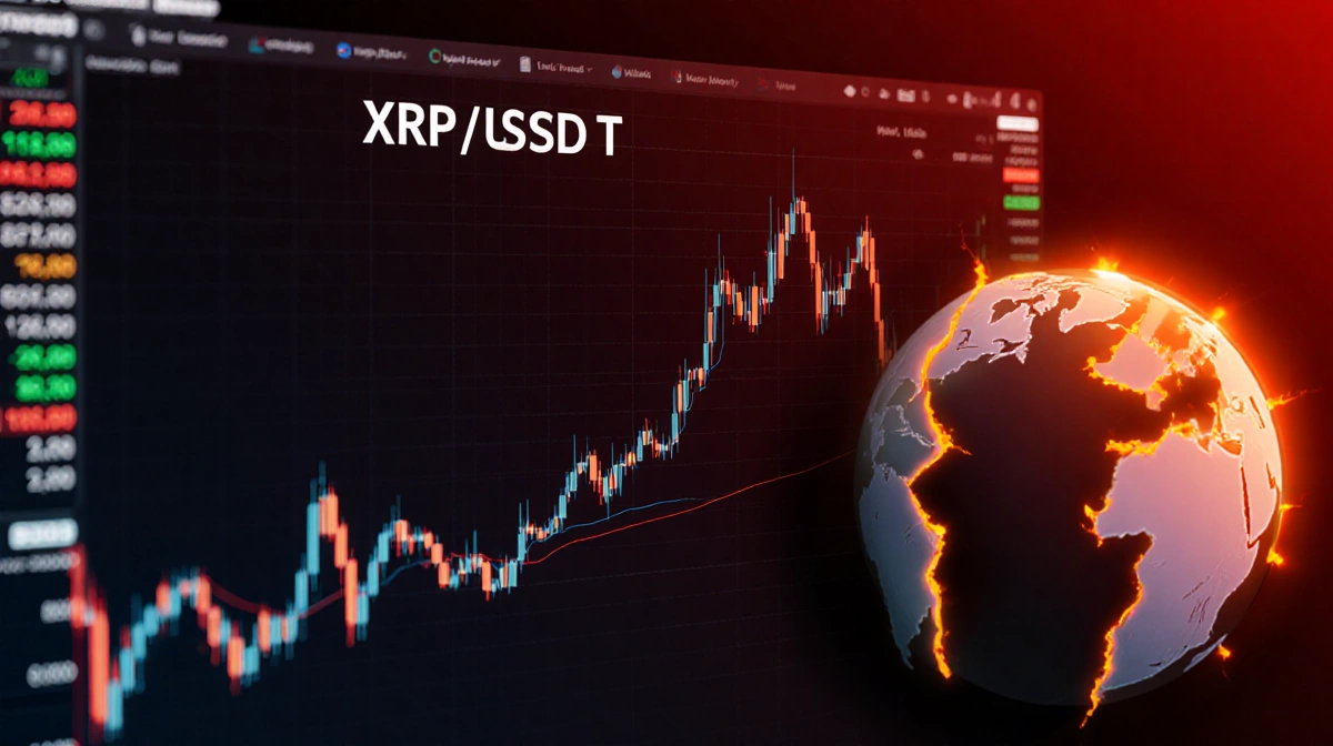 XRP price chart flashing red on trading screen with torn globe overlay showing market uncertainty