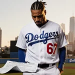 Yasiel Puig stands with hands in pockets and a crumpled betting ticket at his feet with Dodger Stadium skyline behind him