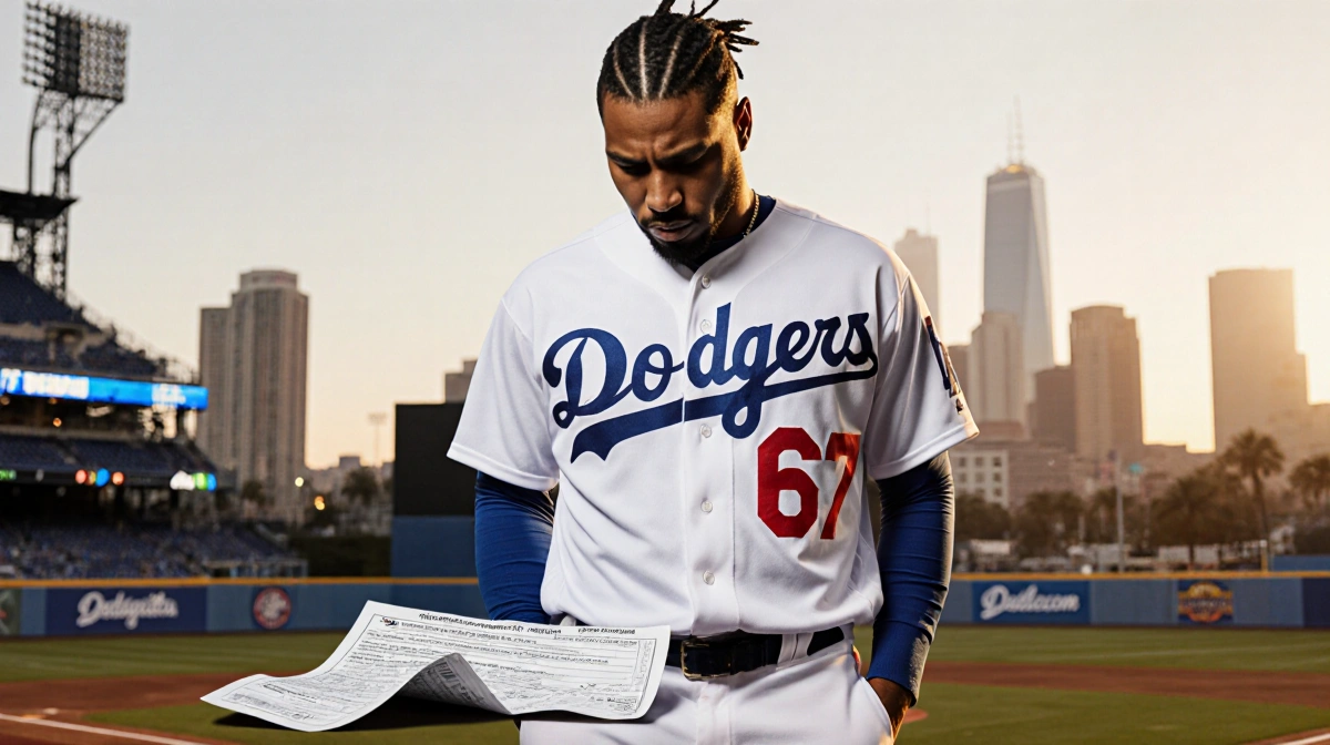 Yasiel Puig stands with hands in pockets and a crumpled betting ticket at his feet with Dodger Stadium skyline behind him