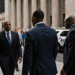 Former Dodger Yasiel Puig walks out of a Los Angeles courthouse with two marshals and his lawyer amid a busy downtown street.