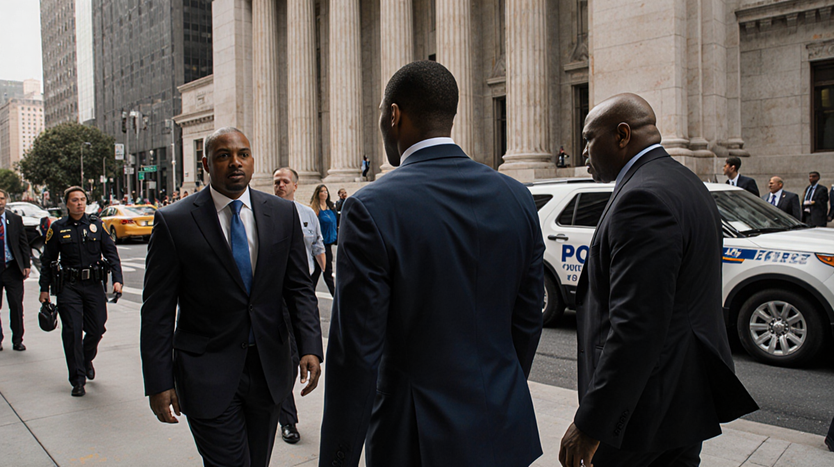 Former Dodger Yasiel Puig walks out of a Los Angeles courthouse with two marshals and his lawyer amid a busy downtown street.