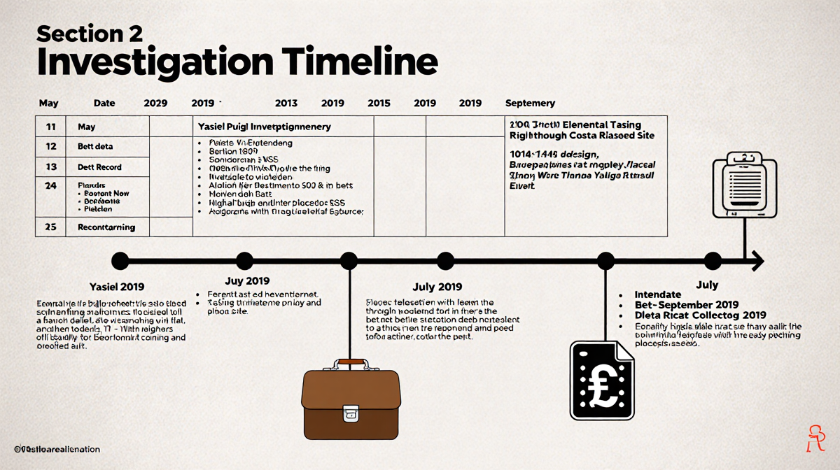 Timeline table showing Yasiel Puig sports betting case with dates and icons like debt collector on background texture