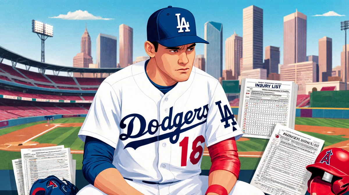Yates sits on bench with frustrated expression and Dodgers cap and red tape arm while blurred Los Angeles skyline looms behin