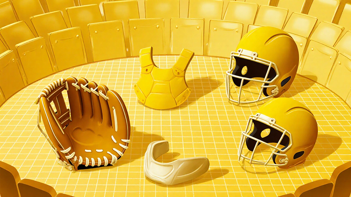 Yellow protective sports equipment arranged in circle with baseball glove and helmet showing athletic gear layout