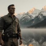 Rugged outdoorsman stands at Yellowstone lake edge with utility belt and gadgets while dawn light hits snow-capped mountains