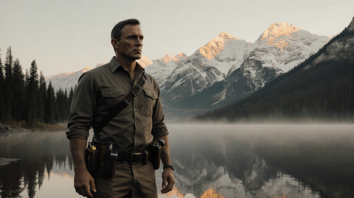 Rugged outdoorsman stands at Yellowstone lake edge with utility belt and gadgets while dawn light hits snow-capped mountains