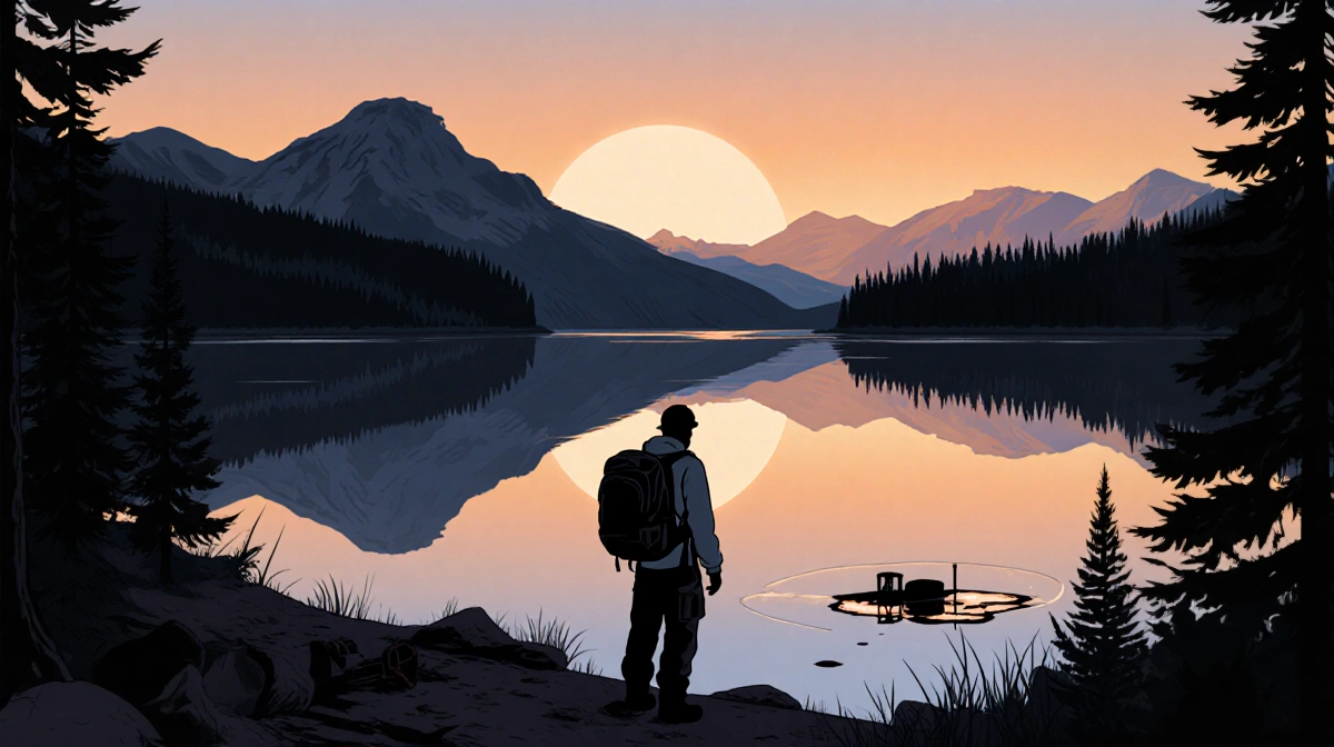 Hiker stands at Yellowstone lake edge with sunset reflecting on water and abandoned gear showing environmental threat