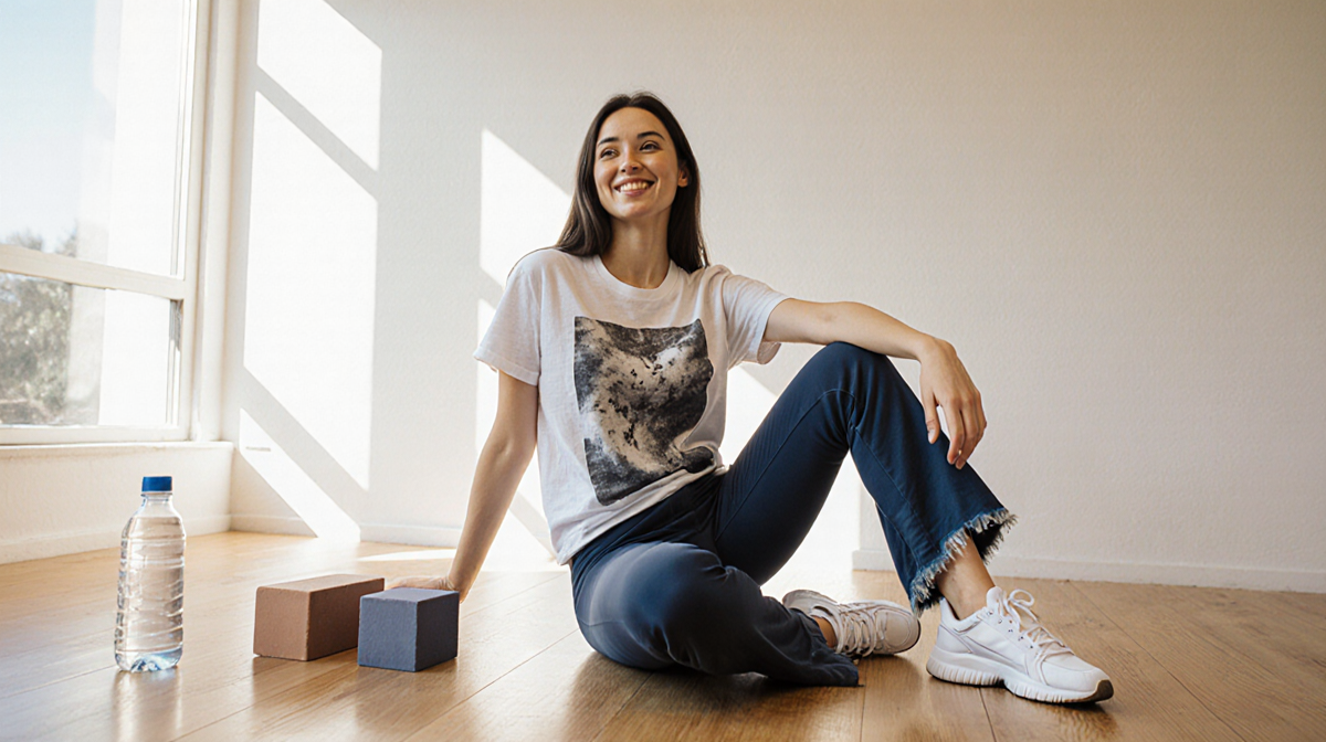 Woman sitting in yoga pose with one leg bent at 90 degrees and yoga blocks nearby under warm natural light