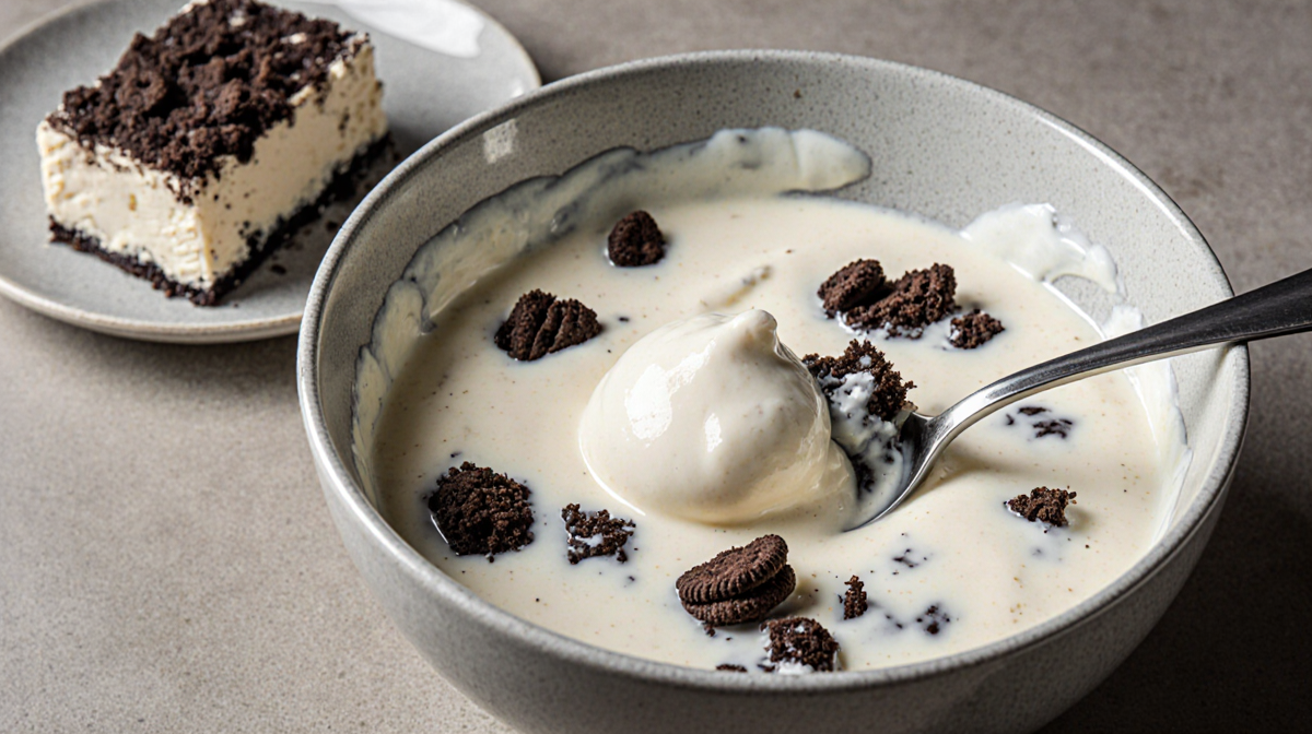 Spoon stirring yogurt and crushed cookies in a mixing bowl with soft natural light highlighting texture