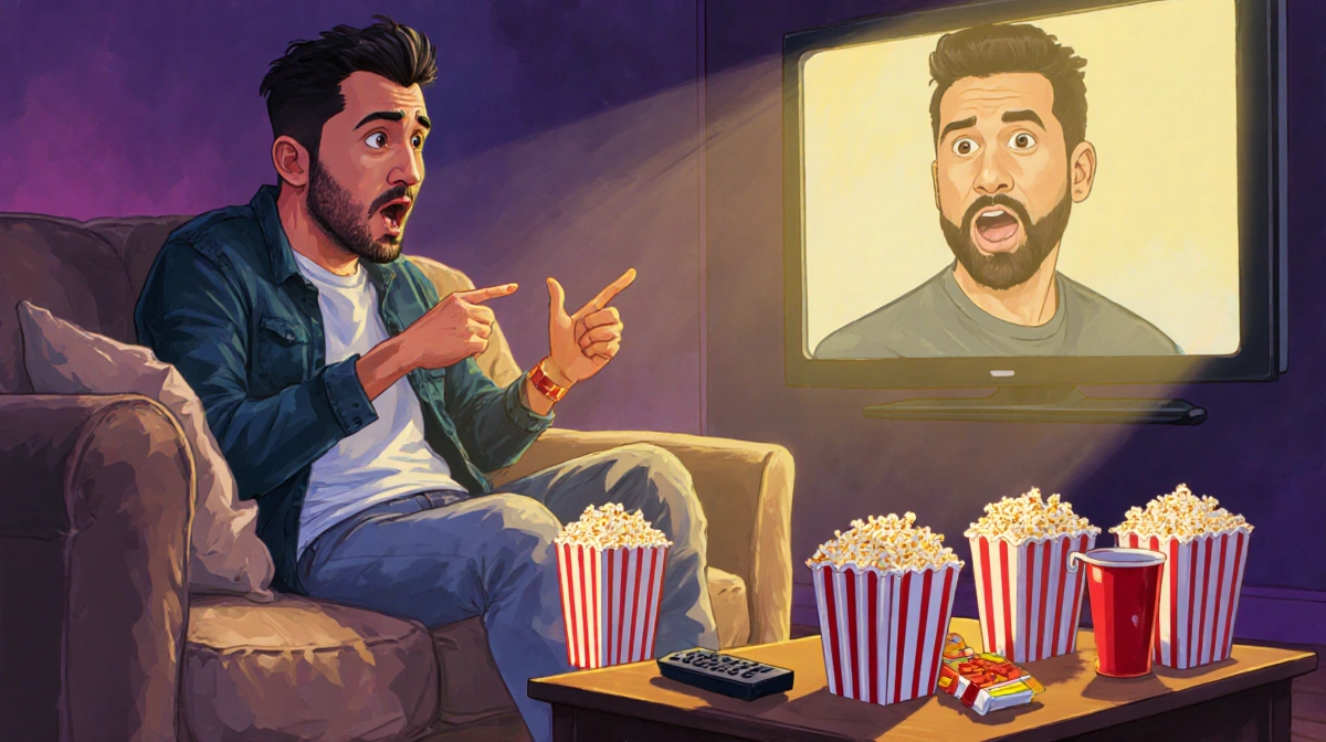 Yosef laughs on couch with popcorn and snacks while Ricky Martin watches TV in background