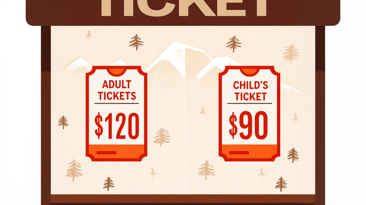 Ticket booth showing Yosemite entrance fees with adult tickets at $120 and child tickets at $90 with tiny trees decorating th