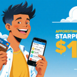 Young adult smiles while holding phone showing wallet and plan card with blue sky background and text Starting at Just $10