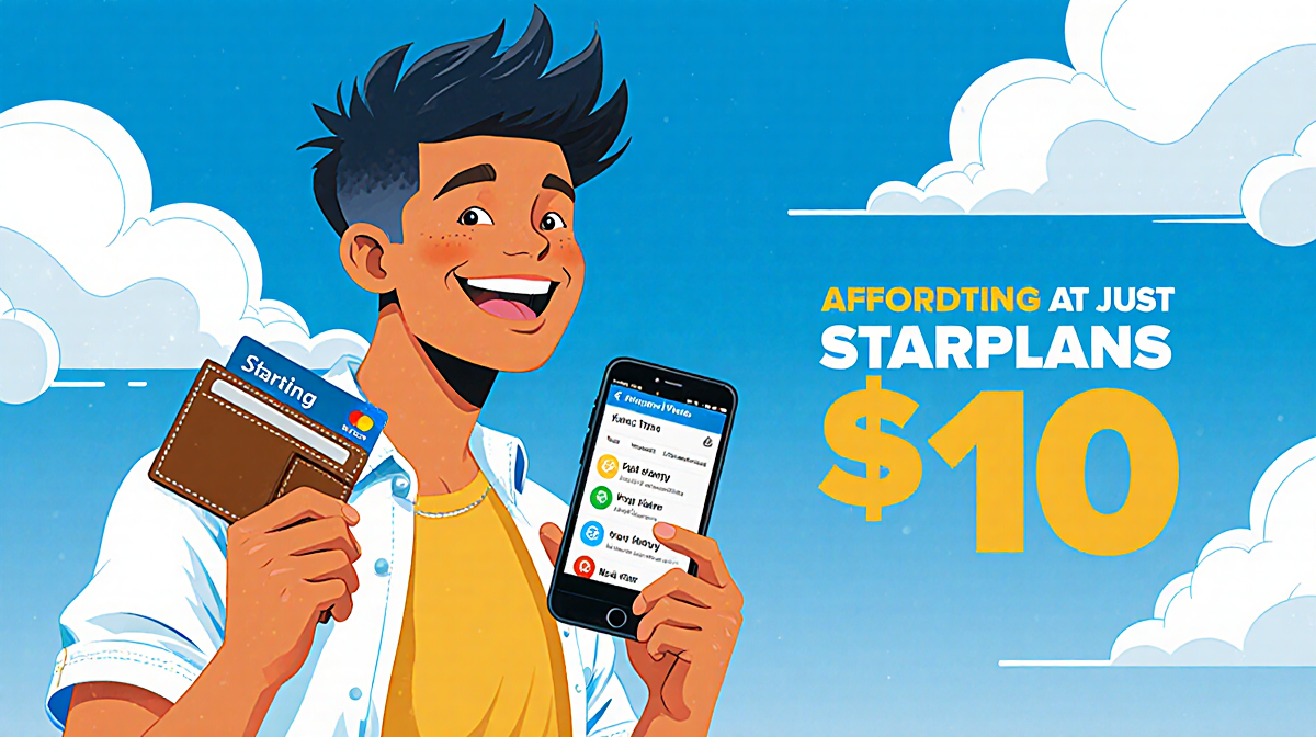 Young adult smiles while holding phone showing wallet and plan card with blue sky background and text Starting at Just $10