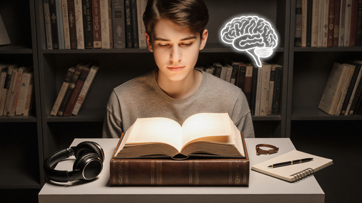 Young adult sits with open book and headphones beside it and warm light glowing and subtle brain illustration behind