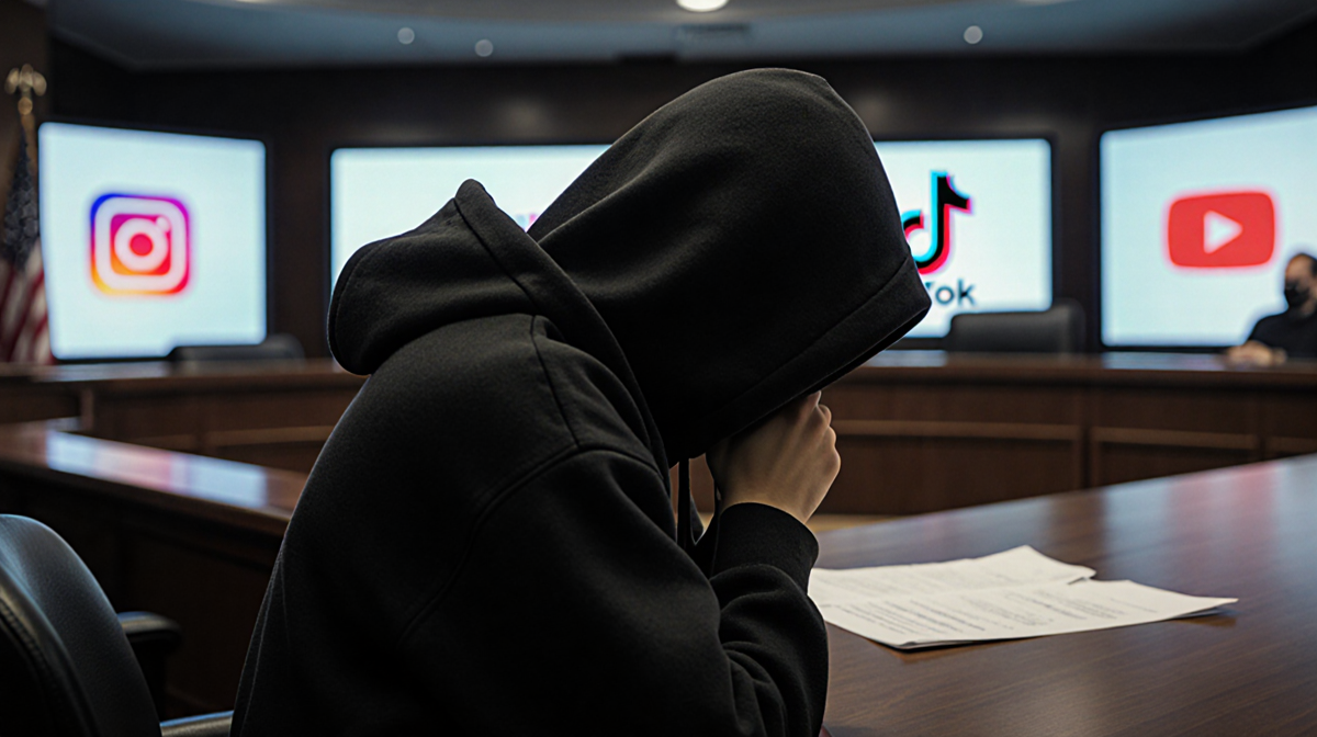 19-year-old sits in courtroom with anonymous hoodie and social media logos projecting behind