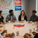 Young adults discussing politics around table with campaign signs and maps showing diverse group unity