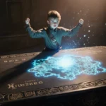 Young adventurer stands before glowing gaming table with holographic map and magic sparks dancing around them
