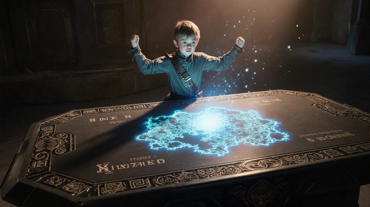 Young adventurer stands before glowing gaming table with holographic map and magic sparks dancing around them