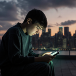 Boy sits on worn bench with phone glow lighting his face and a sunset skyline of New York in the background