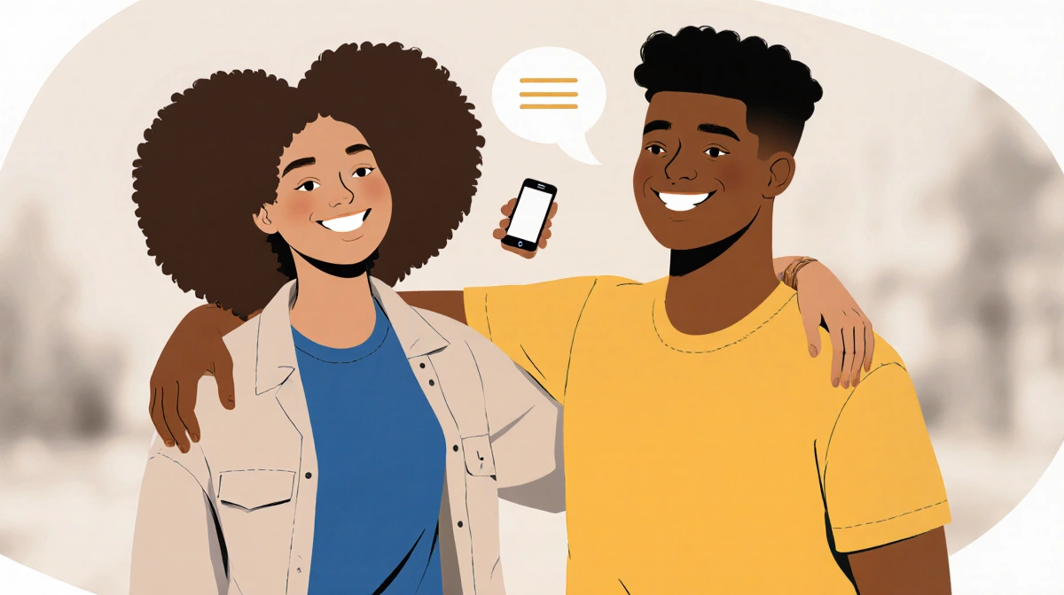 Young couple embracing with arms around each other and conversation bubble showing their supportive relationship