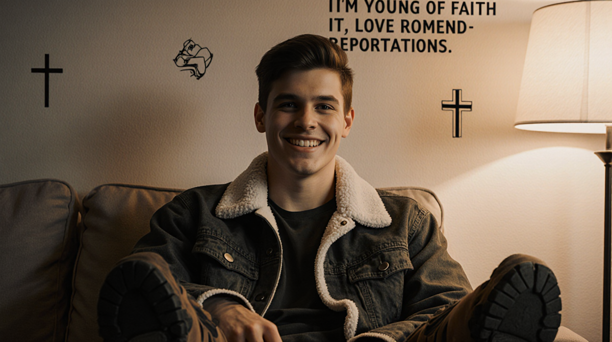 Young adult male sits in warm room with faith symbols on walls and wearing fleece jacket and hiking boots