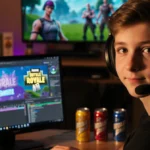 Young gamer streaming Fortnite on laptop with headset and snacks showing excited eyes