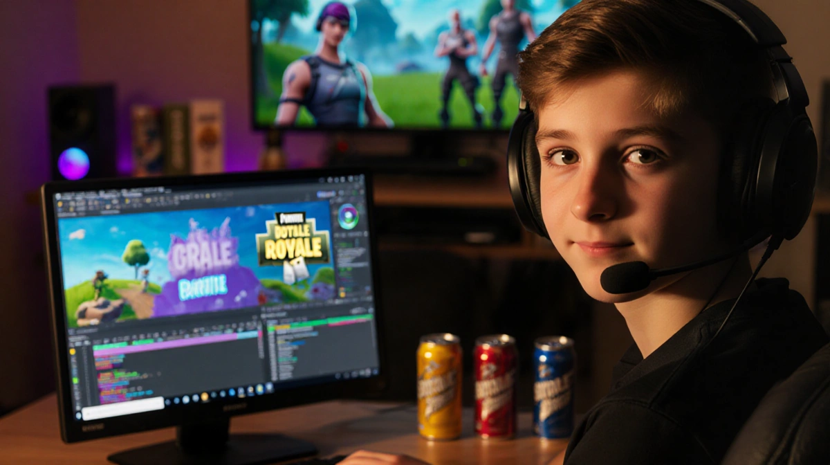 Young gamer streaming Fortnite on laptop with headset and snacks showing excited eyes