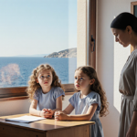 Two girls holding hands and looking worried with mother in Croatian classroom overlooking Adriatic Sea
