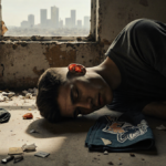 Young man lying face-down on beige concrete with football memorabilia and faint Los Angeles skyline through a window