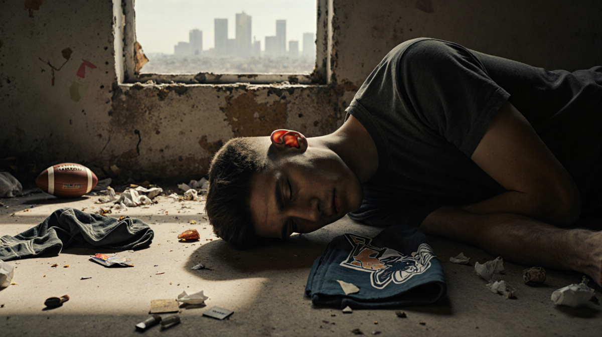 Young man lying face-down on beige concrete with football memorabilia and faint Los Angeles skyline through a window