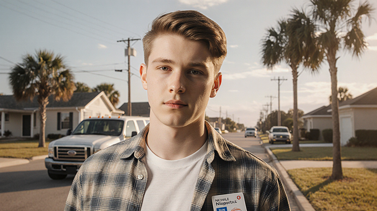 Young man standing in front of blurred Niceville backdrop with medical ID badge on wrist and mental health book nearby