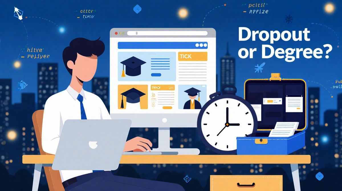 Young professional at desk with laptop showing college and a ticking clock and cards beside skyline Dropout or Degree