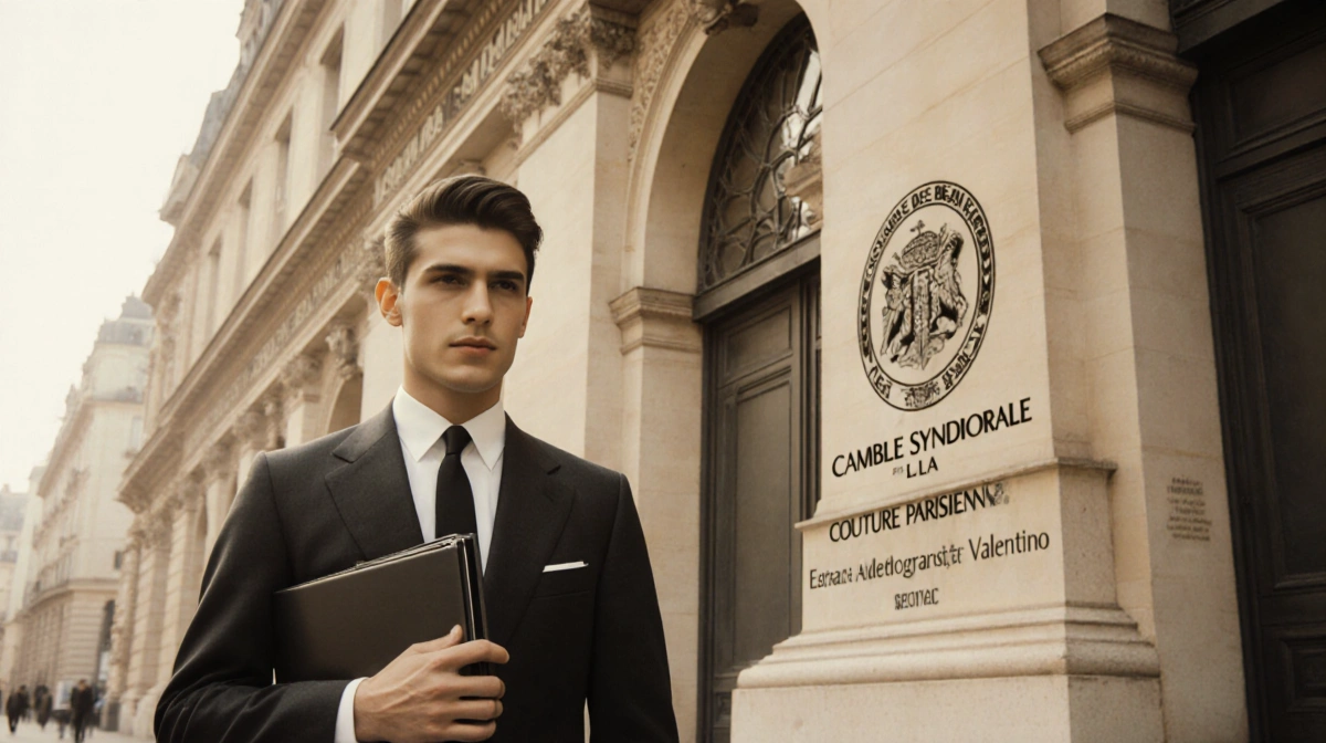 Young Valentino Garavani stands outside École des Beaux-Arts with portfolio and tailored suit showing golden nostalgic lighti