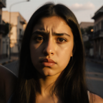 Young woman standing with arms raised on a city street at dusk with golden light illuminating her face