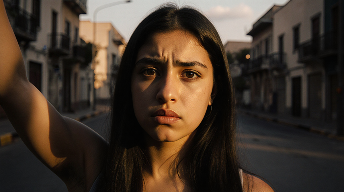 Young woman standing with arms raised on a city street at dusk with golden light illuminating her face