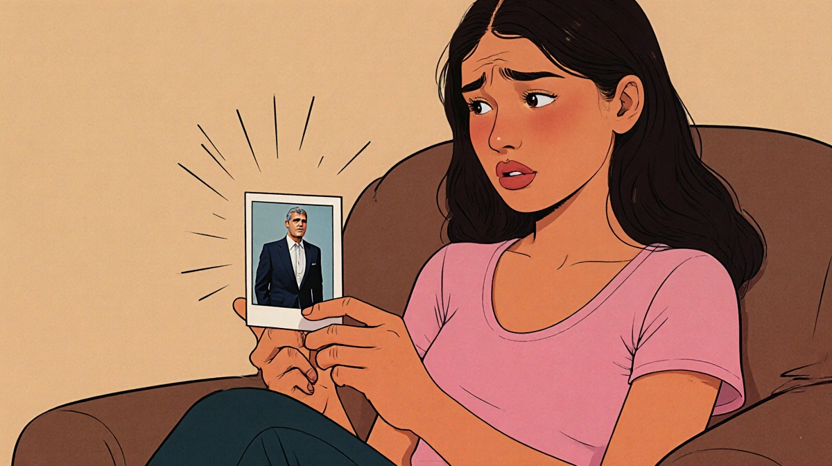 Teen girl looking disapprovingly at 90s George Clooney photo with warm muted background showing her surprise and embarrassmen