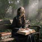 Young woman reading open book on worn wooden bench with misty forest light filtering through canopy