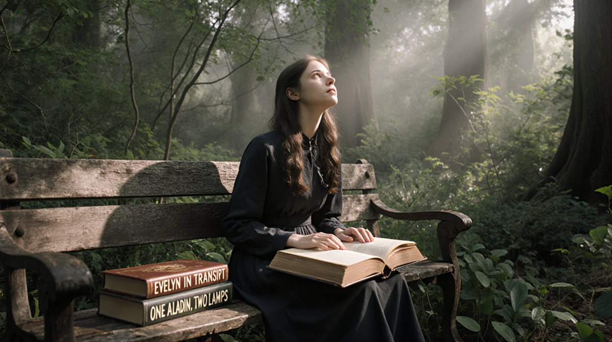 Young woman reading open book on worn wooden bench with misty forest light filtering through canopy