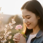 Young woman standing holding a delicate rose with hopeful eyes and warm glow behind her embodying resilience