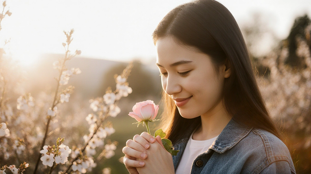 Young woman standing holding a delicate rose with hopeful eyes and warm glow behind her embodying resilience