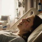Young woman lies in hospital bed with medical equipment and soft golden light showing pain