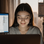 Young woman sitting at laptop with sunrise light illuminating her gentle smile and faint hospital window in background
