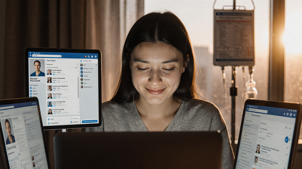 Young woman sitting at laptop with sunrise light illuminating her gentle smile and faint hospital window in background