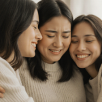 Young woman sitting on couch embraced by two women with loving smiles and gentle lighting