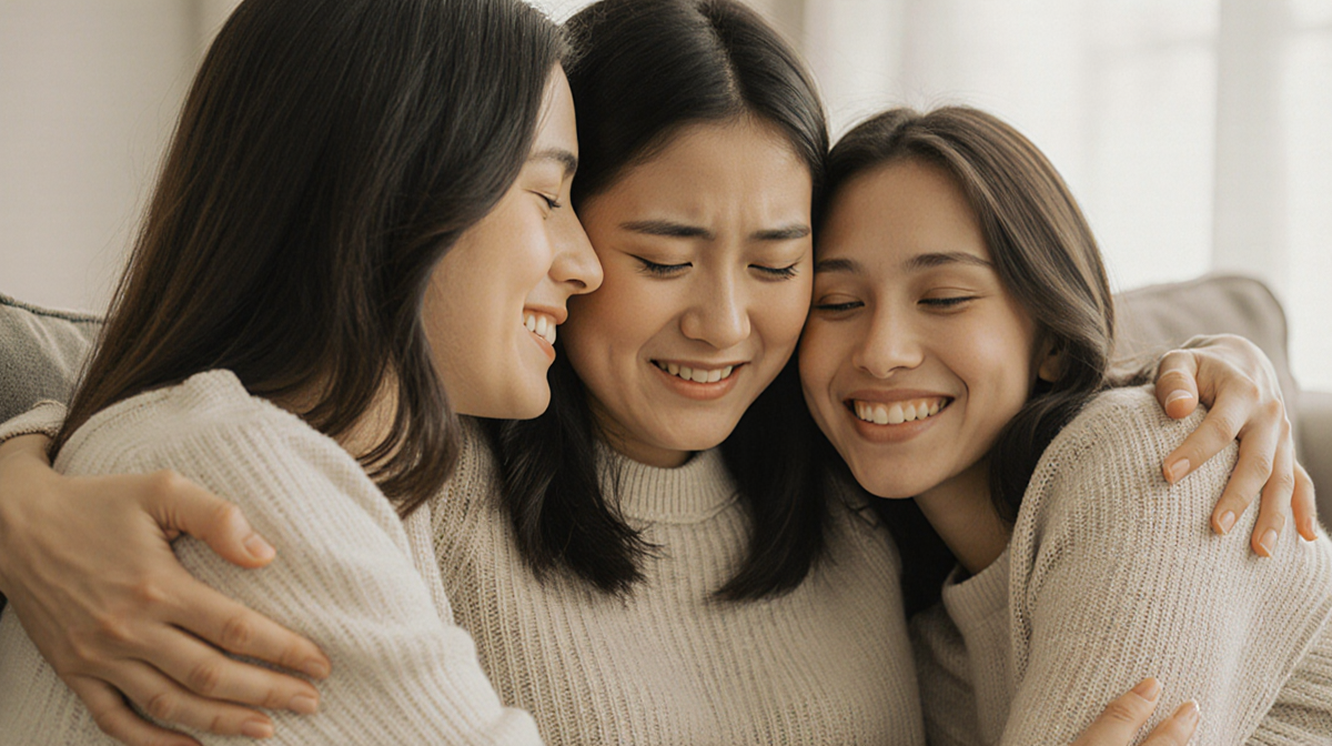 Young woman sitting on couch embraced by two women with loving smiles and gentle lighting