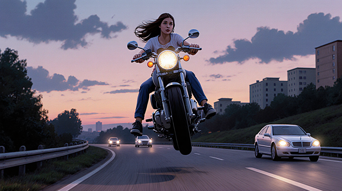 Young woman riding motorcycle midair with legs splayed over winding road at dusk.