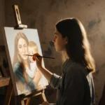 Young woman painting portrait of grieving mother and child at easel with warm studio light and family photos on wall