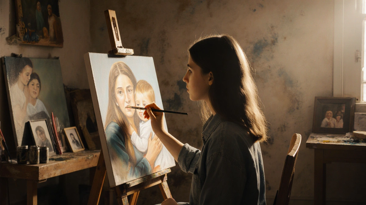 Young woman painting portrait of grieving mother and child at easel with warm studio light and family photos on wall