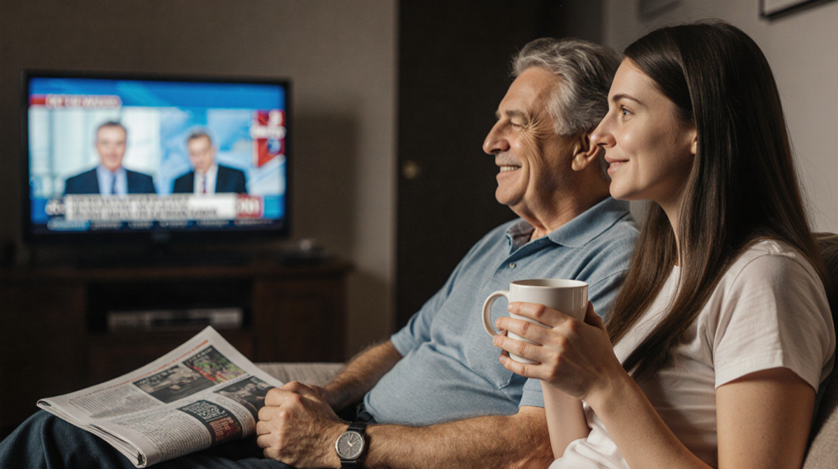 Young woman sits on couch holding coffee cup with father Patrick Dempsey behind her and open newspaper between them
